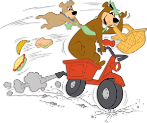 yogi bear and boo boo racing away on a golf cart with a basket full of food