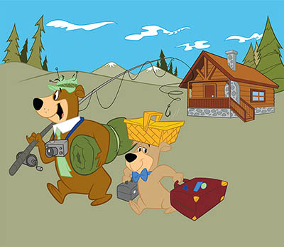 yogi bear and boo boo going fishing with a cabin in the background