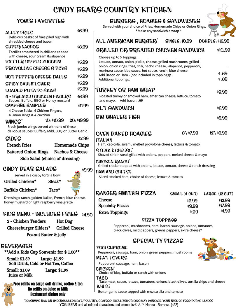 Cindy Bears™ Country Kitchen Lunch and Dinner Menu