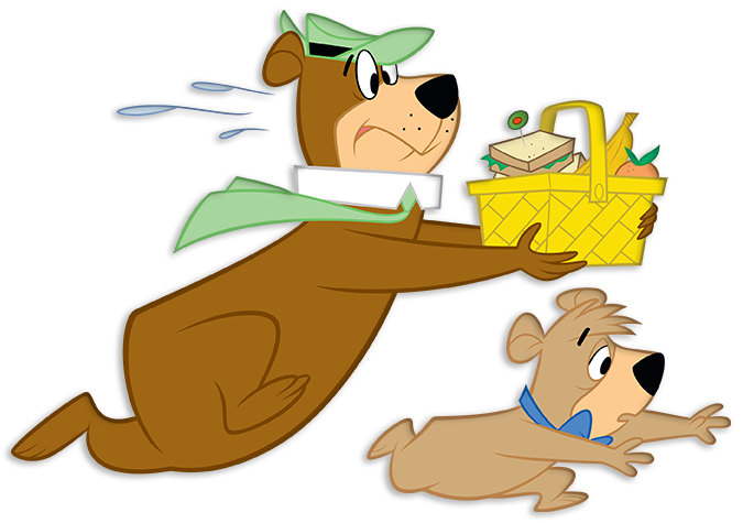 yogi bear and boo boo running away with a picnic basket.