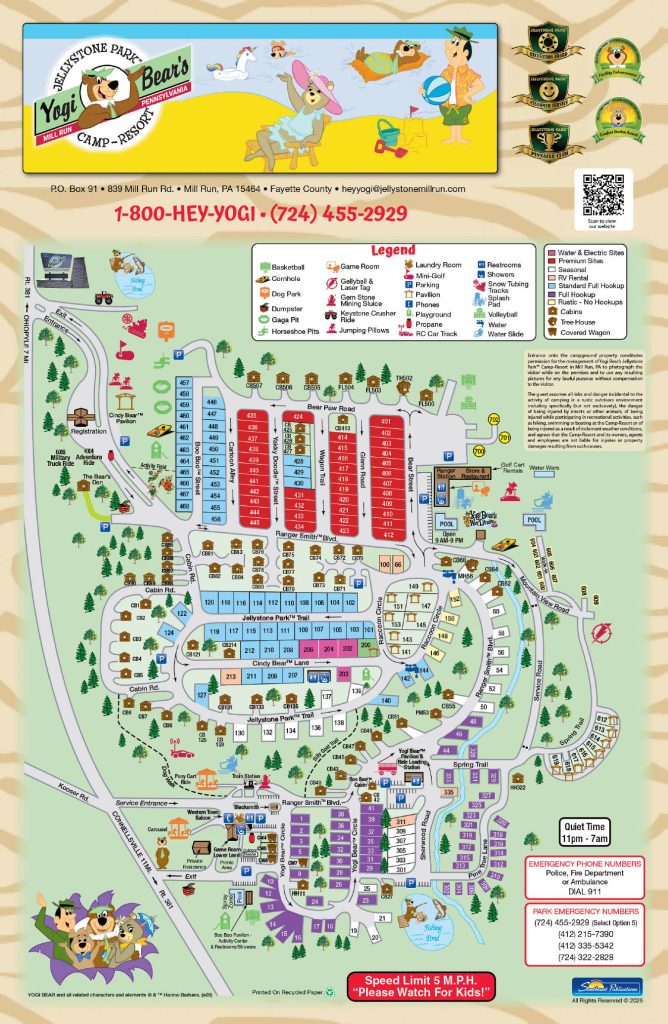 Mill Run Jellystone Campground Map | Yogi Bear’s Jellystone Park™ Camp-Resort Campground map of Yogi Bear’s Jellystone Park™ at Mill Run, Pennsylvania showing RV sites, cabins, amenities, roads, pools, and attractions.